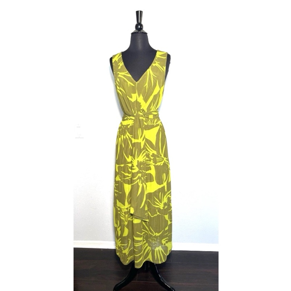 CAbi Dress Green Palm Leaf Print Tropical Maxi Size Small Resort Dinner Party